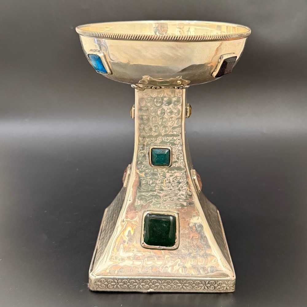 Vintage Hammered Silver Plated Bejeweled Cabochon Decorative 8” Candle Holder